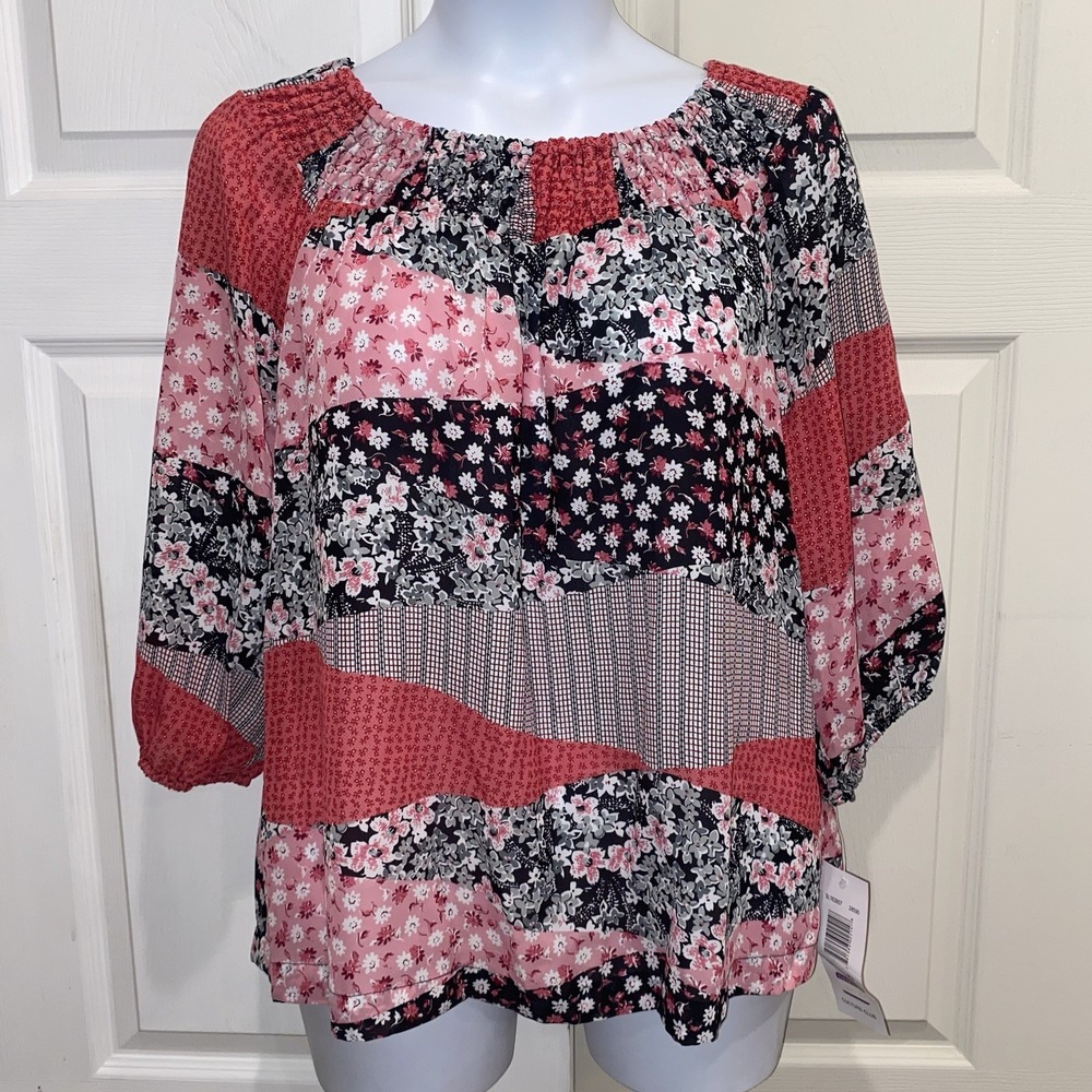 Sunny Leigh Boho Peasant Tunic Top Pink Floral Patchwork Print Long Sleeve M